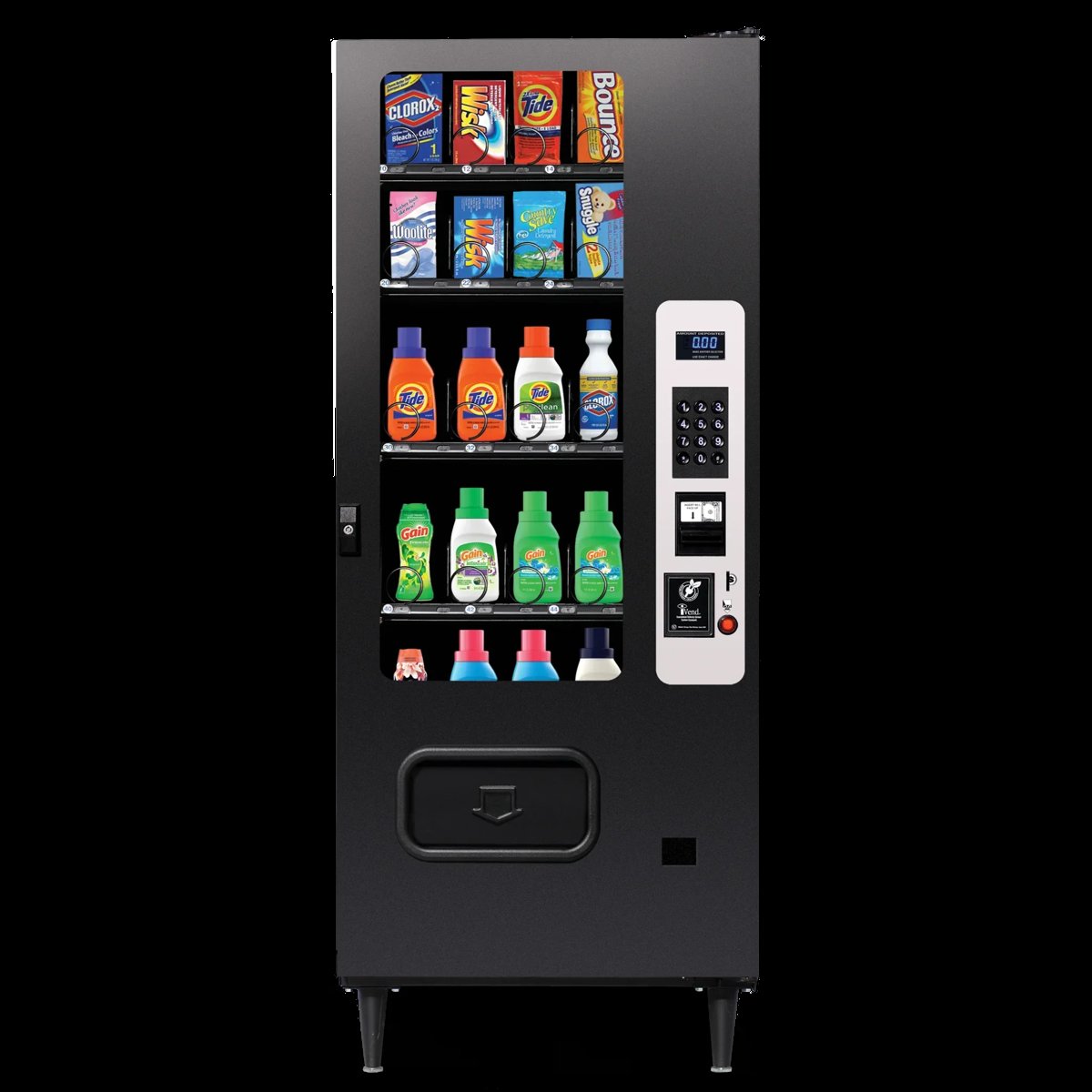 Black vending machine stocked with laundry essentials including detergent, dryer sheets, stain removers, and bleach, with a white payment panel on the side